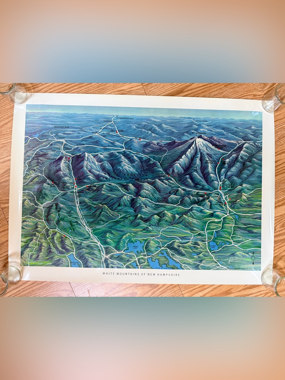 Vintage 1960s Mountains of New Hampshire Illustrated Wall Art Print blue green